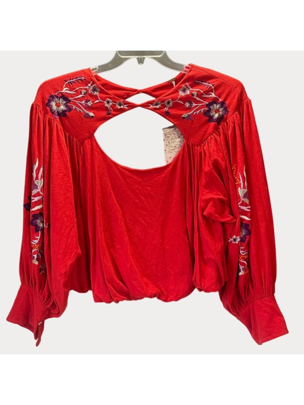 Free People Red Lita Embroidered Open Back Blouse Top Size Small NWT $128